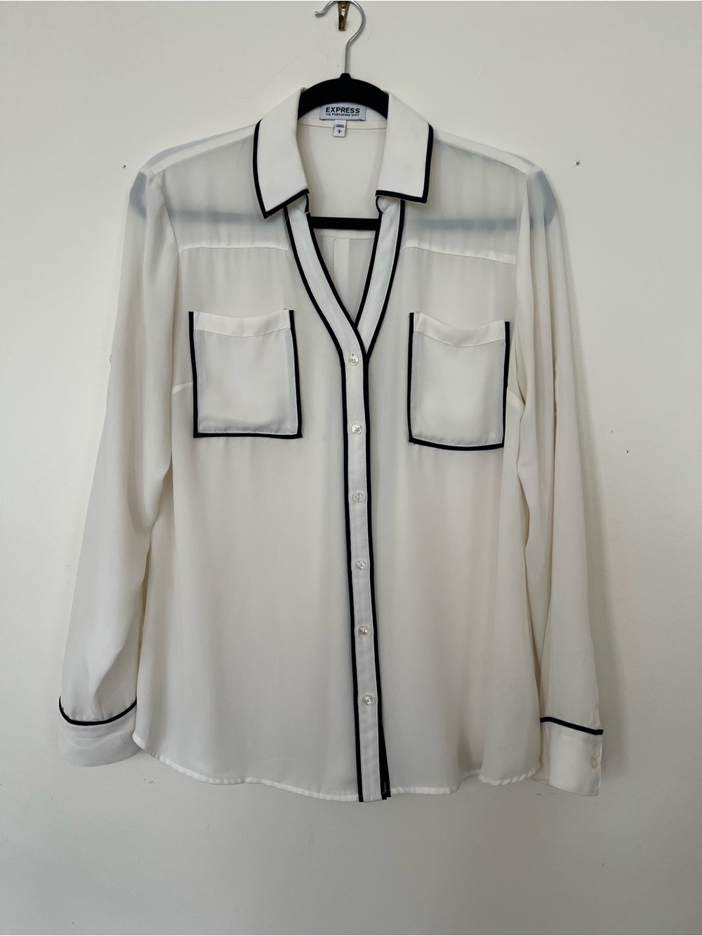 Express Women's Long Sleeve Blouse Cream With Black Piping Convertible Sleeves L